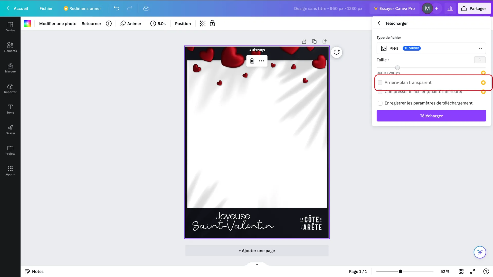 Capture d'écran Canva — téléchargement PNG avec arrière-plan transparent