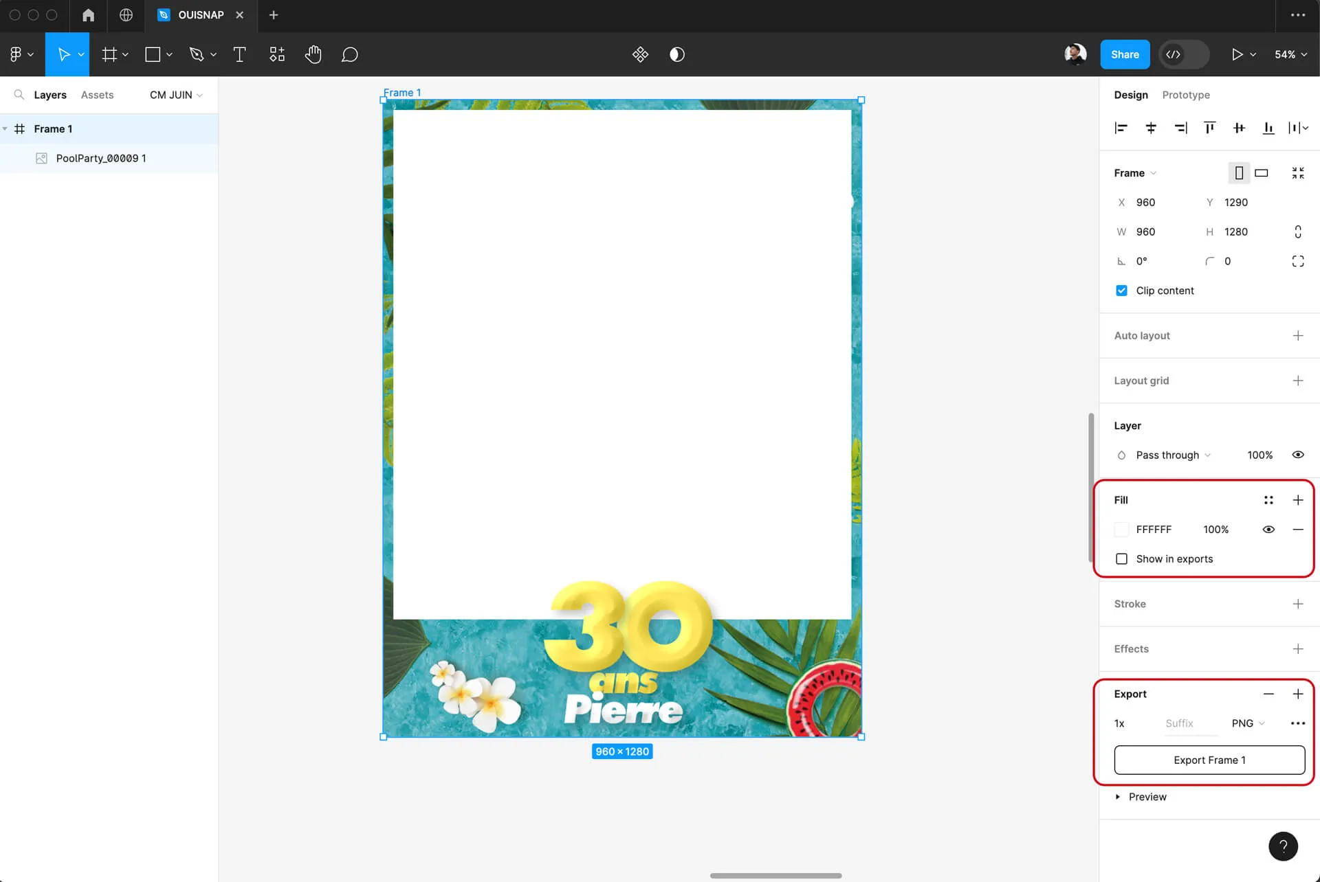 Capture d'écran Figma — export PNG d'un frame